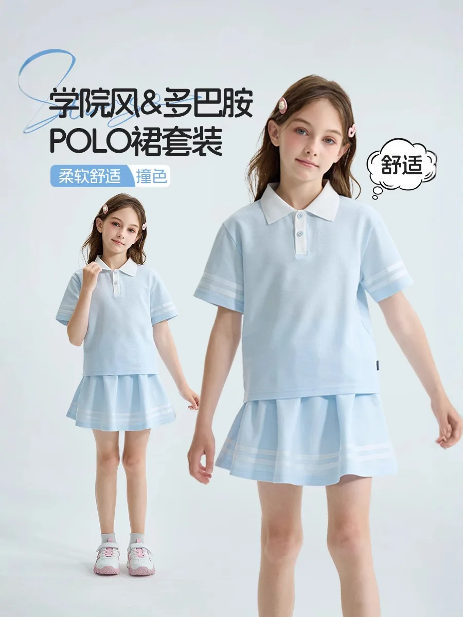 2026 Girls Tennis Striped Summer Tracksuit Cloth Child Set Teens Short T Shirt Tops + Cool Quick Dry Pleated Skirt 4 To 10 Years