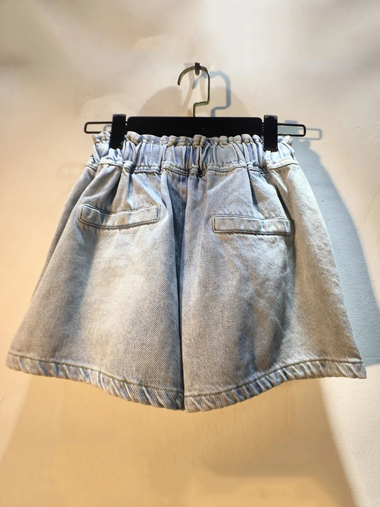 DEAT Women's Denim Shorts Beading Diamonds Elastic Waist Loose Wide Leg Pearls Luxury Short Jeans 2024 Autumn New Fashion 29L101