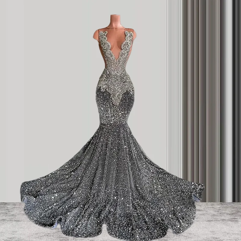 Sexy Long Sparkly Black Girl Prom Dresses Sheer O-neck Luxury Silver Crystals Diamond Sequin Mermaid African Prom Party Gowns