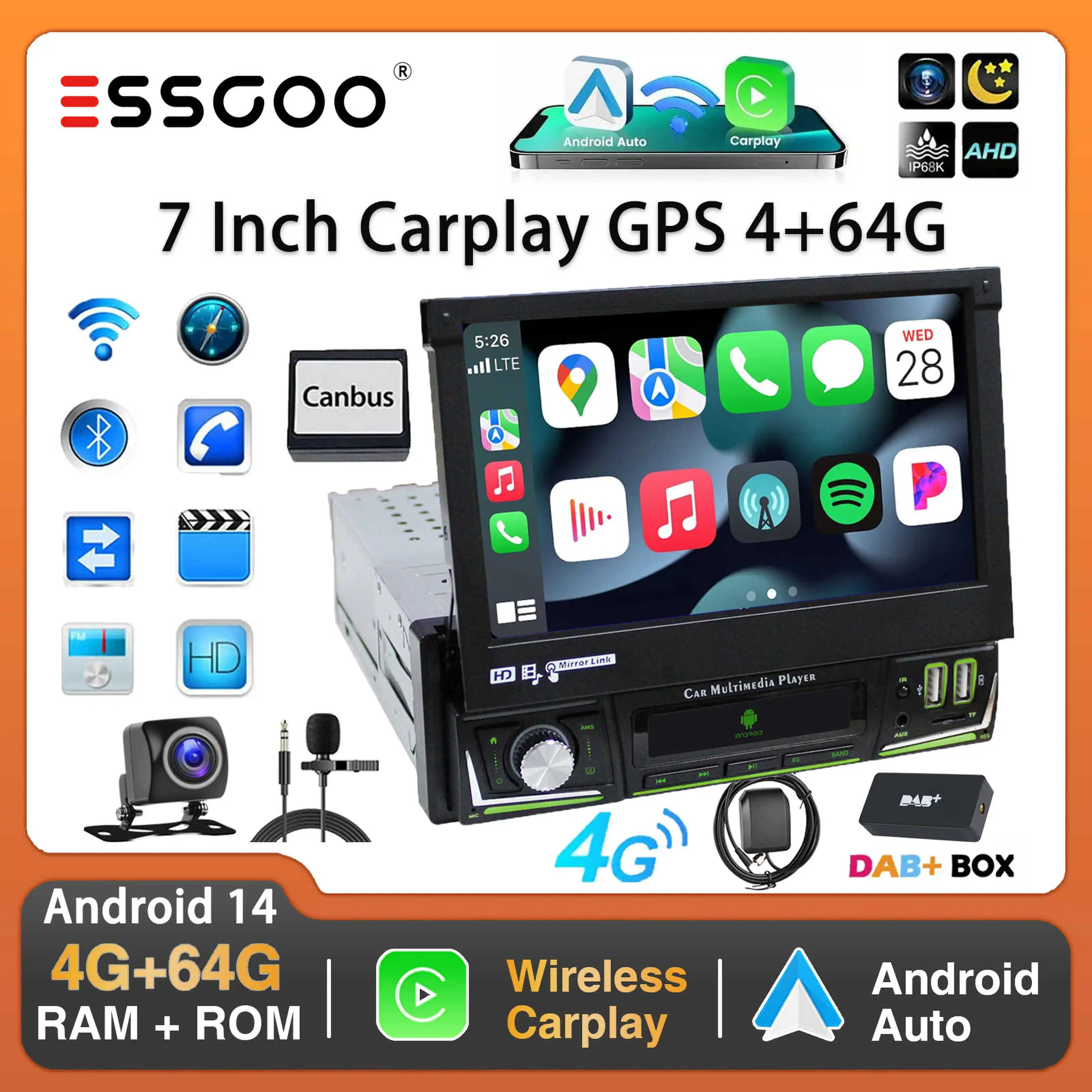 

ESSGOO 7Inch Single DIN 64G Flip Out Car Stereo Radio Carplay Android Auto Radio Bluetooth Touch Screen MP5 Player Head Unit GPS