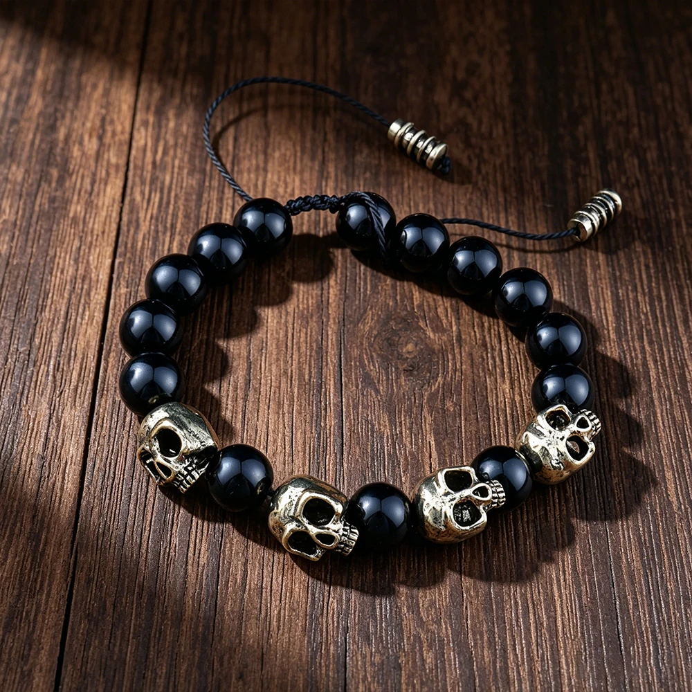 Trendiges Achat-Schädel-Armband für Männer, Vintage Handgefertigt, Verstellbares Tigerauge-Armband, Punk Hip-Hop Charm-Schmuck, Dropshipping