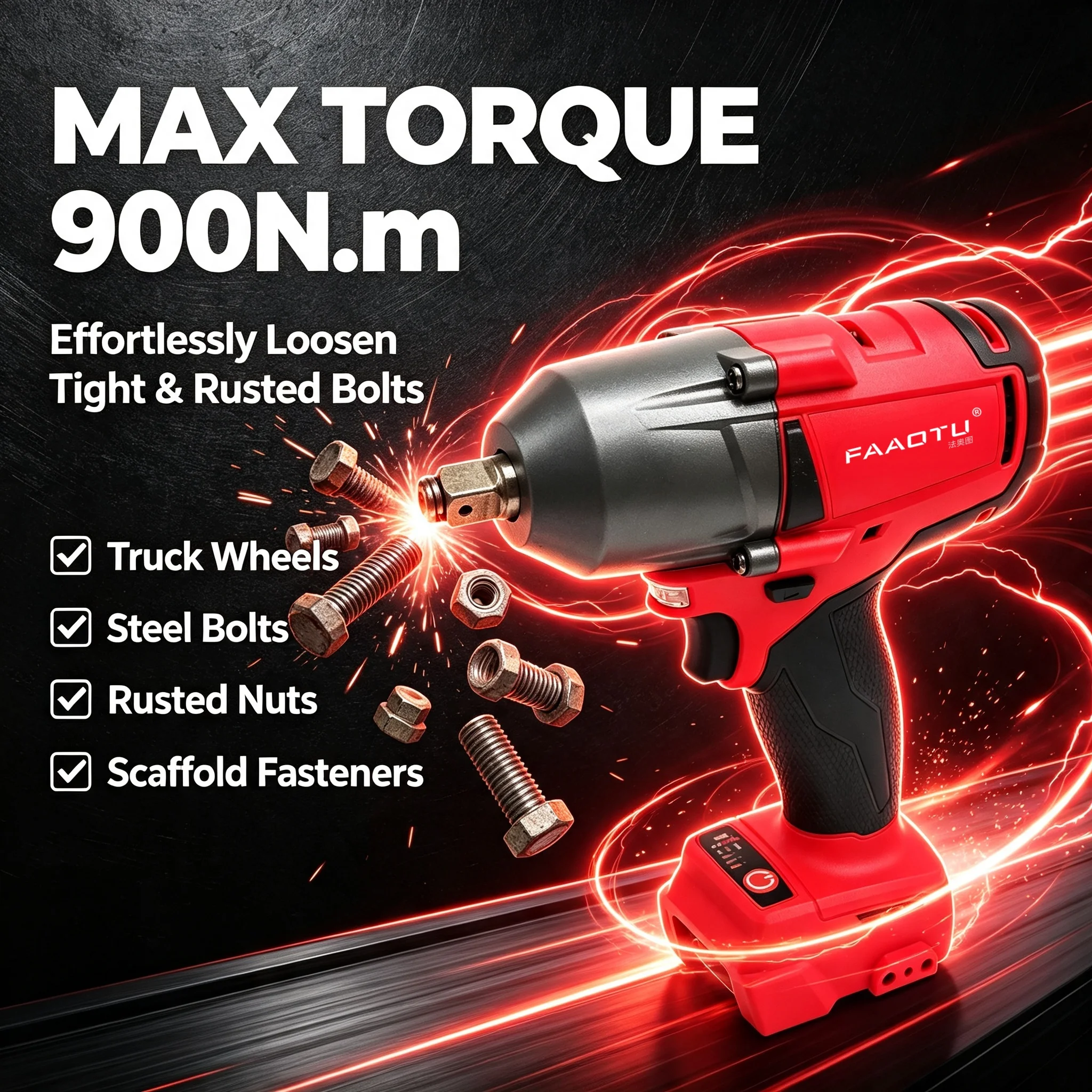 FAAOTU 900Nm High Torque 2000RPM Brushless Cordless 1/2 Inch Impact Wrench, Heavy Duty Power Tool