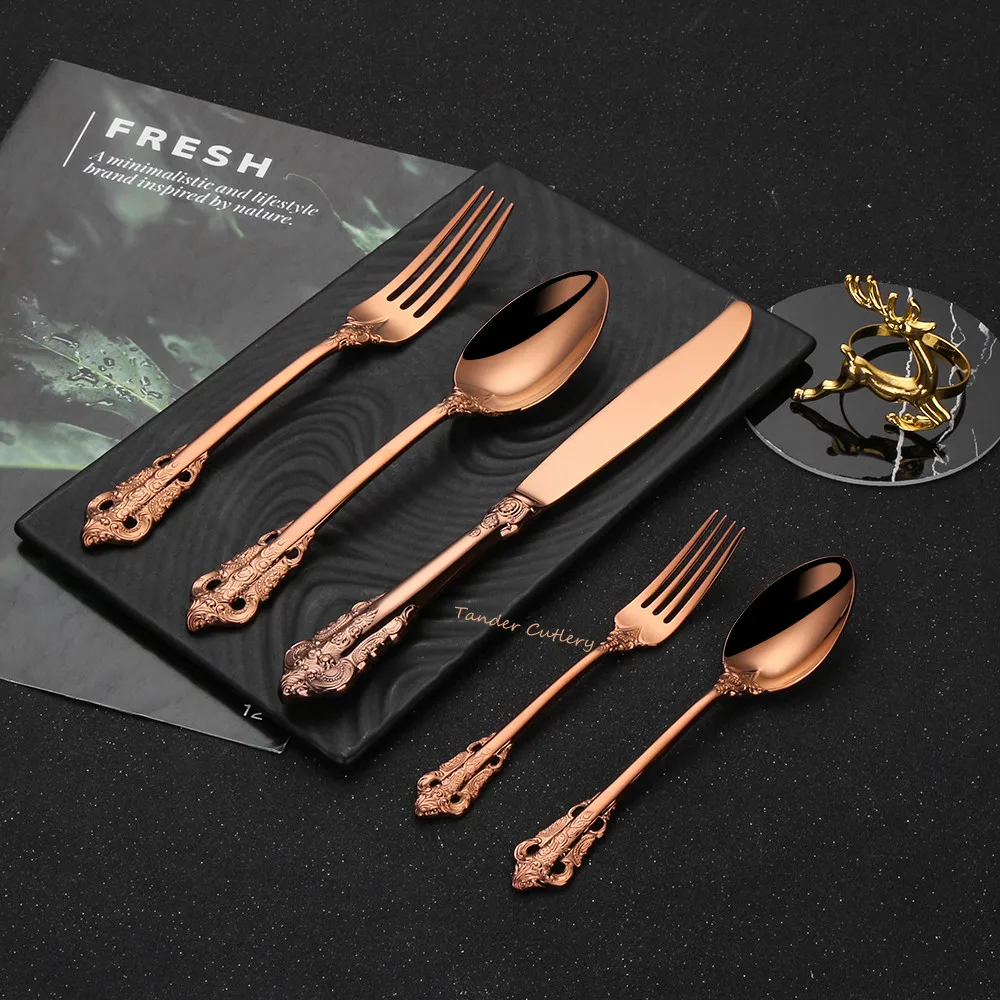 30 Pieces Gold Plated Luxury Cutlery Set Stainless Steel Vintage Western Tableware Sliver Knife Spoon Fork Set Kitchen Utensils