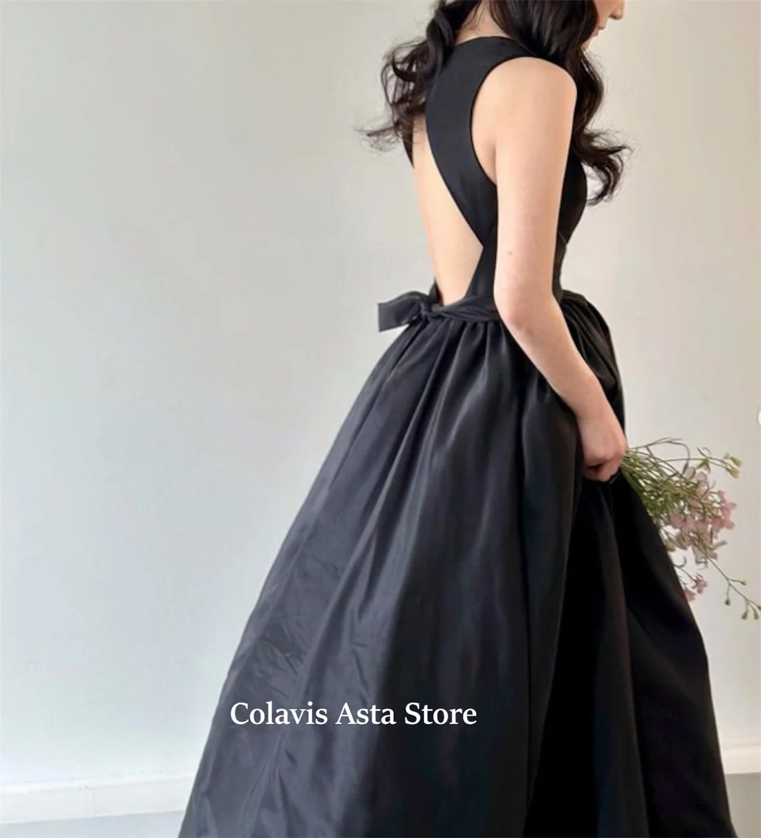 Vestido de baile estilo japonês, gola redonda, vestidos de noite de casamento, fotografia personalizada, cetim preto, costas nuas, vestido de festa, vestidos de noite