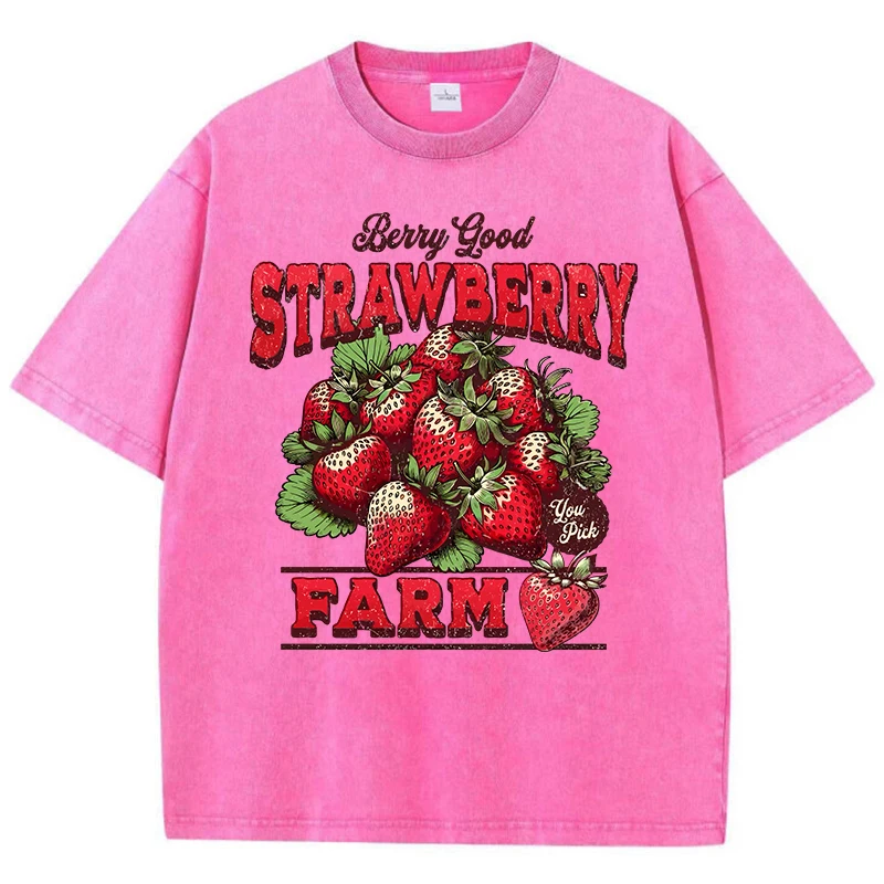 Cotton Womans Acid Wash T-Shirts Strawberry Farm Retro Prints Tees Comfortable Crewneck Oversized Tops Fashion Female Clothes