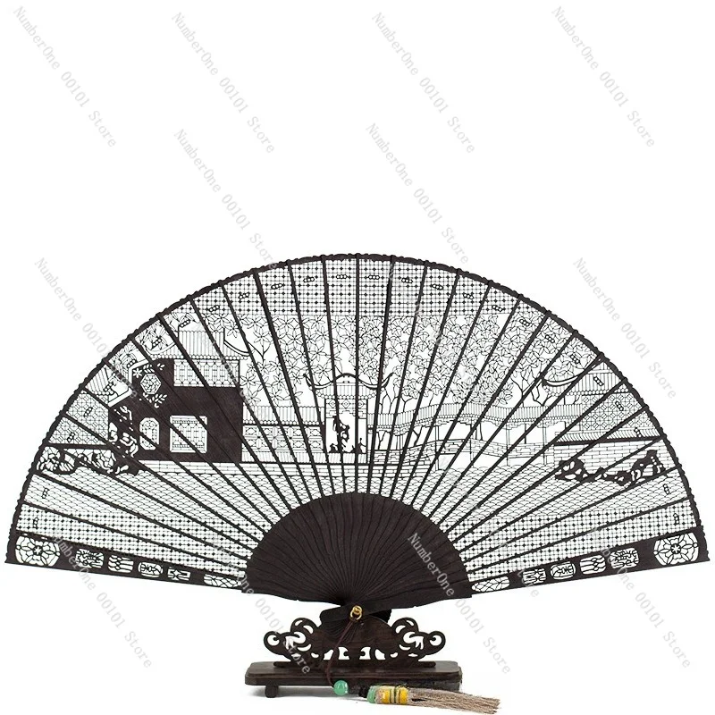 Chinese Style Sandalwood Folding Fan Gift Box Black Ebony Craft Vintage Handmade Dance Performance Home Decor Traditional
