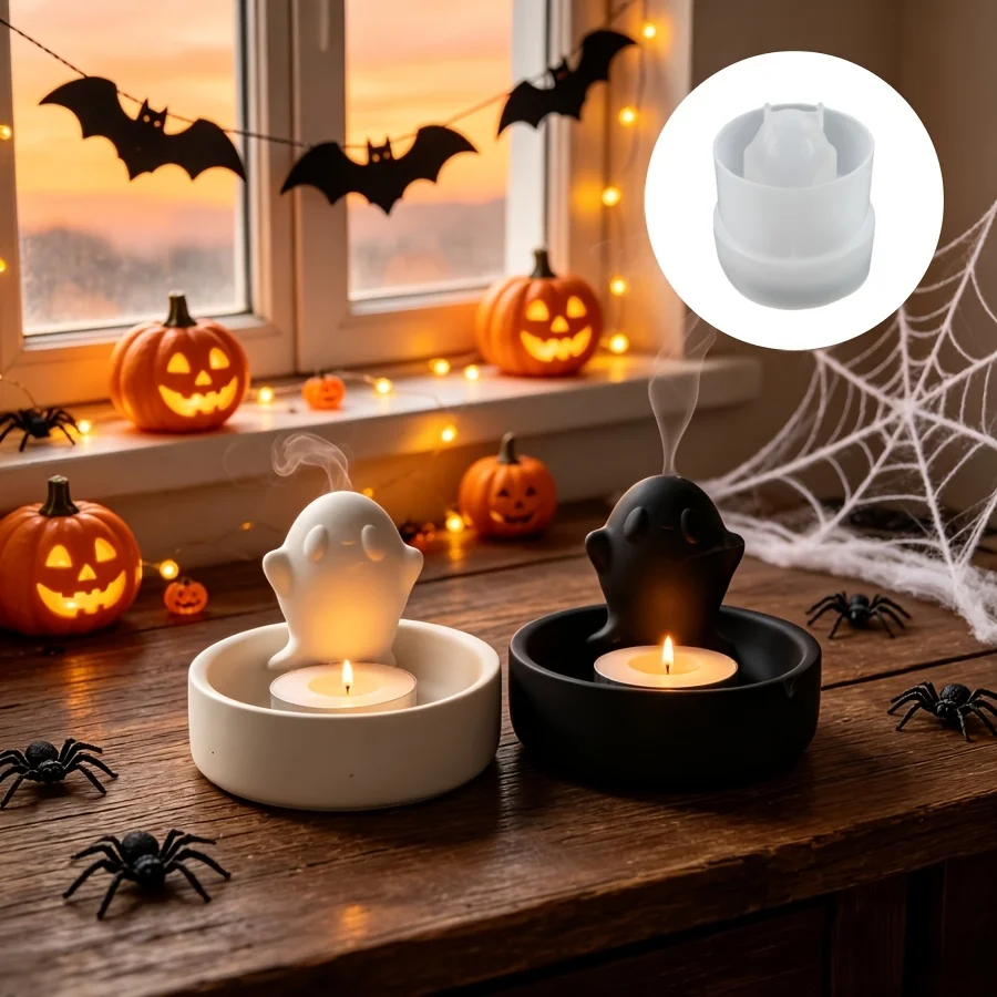 1pc Halloween Ghost Storage Candle Holder Ornament Mold Suitable for Making Dropper Gypsum Candles,Products,Table, Silicone Mold
