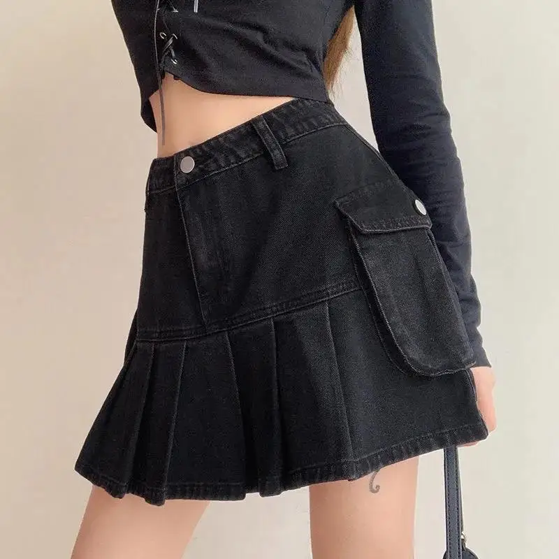 High Waist Super Short Spice Girl A Word Skirt Spring Retro Denim Pleated Skirt