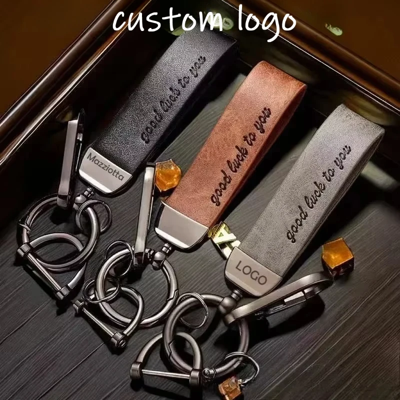 Leather Keychain Vintage Laser Engraved Custom Logo Key Chain Crazy Horse Genuine Door Access Card for Men and Women Keyring