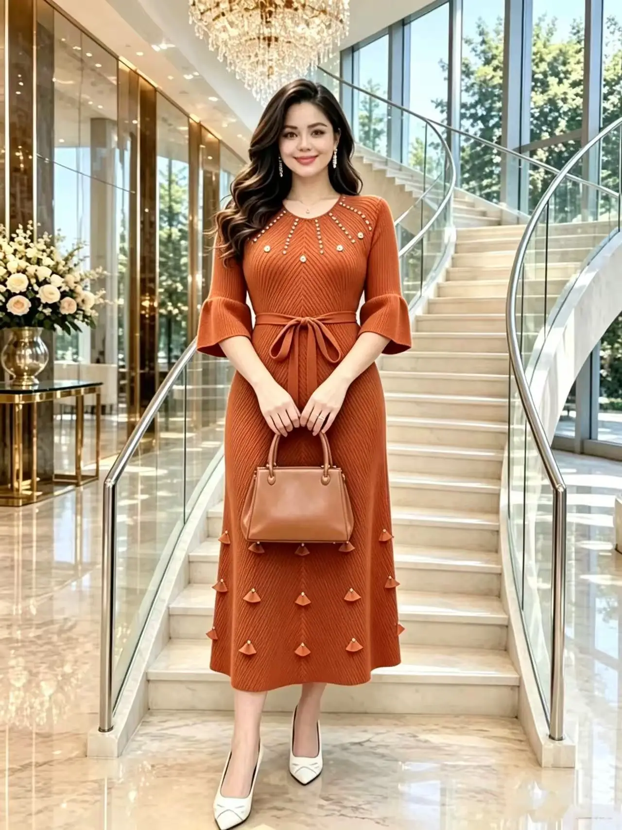 Miyake 2026 Autumn New Round Neck Bead Nail Flower Fringe Solid Color Pleated Fan Leaf Decorative Dress