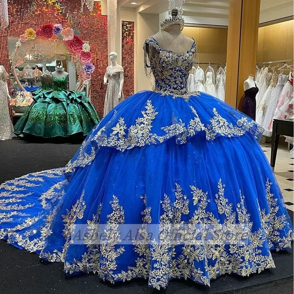 Vestido De quinceañera azul De México De lujo, Vestido De baile De corsé De encaje con tirantes finos, Vestido De fiesta De graduación De 15 y 16 años