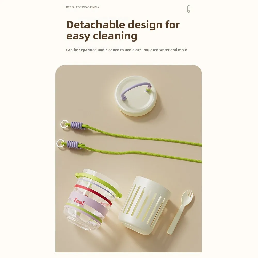 

New Drainable Portable Fruit Cup Double Layer with Fork Salad Cup Food Grade Material Lanyard Breakfast Cup Work