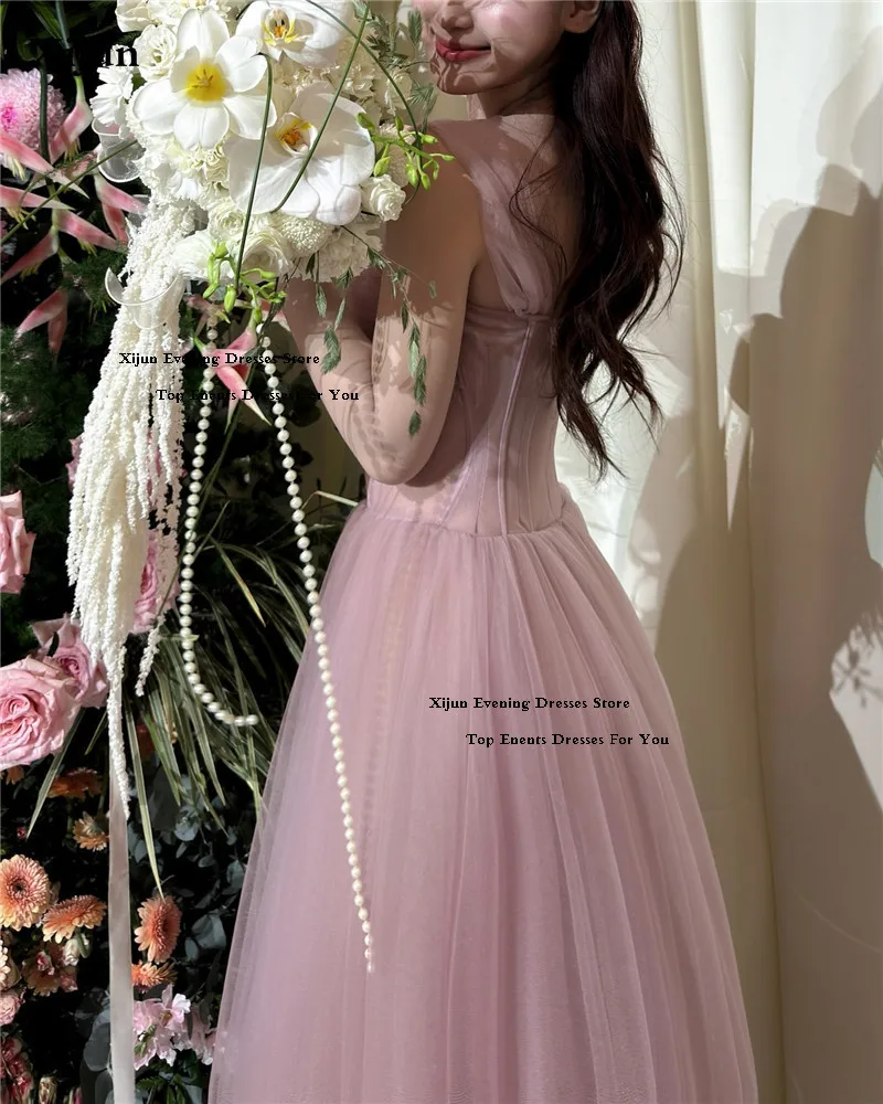 Xijun rosa vestidos de noite uma linha babados tule vestidos de baile cinta espaguete estilo coreano tornozelo comprimento vestidos de baile personalizado