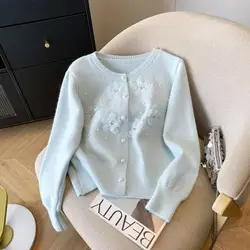 3D Flower Blue New Knit Cardigan Women Retro Single Breasted Cashmere Knitted Sweater Lazy O-neck Knitwears Autumn Korean Top