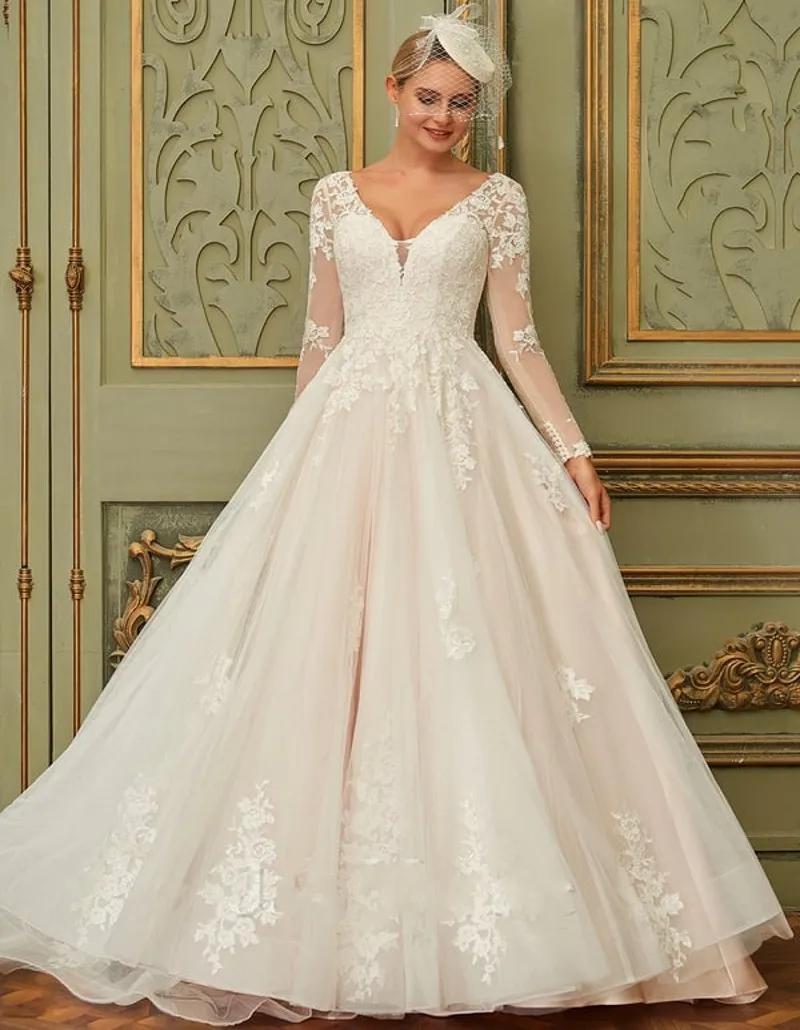 

2026 Classic A-line Wedding Dress V-Neck Long Illusion Sleeves Lace Appliques Backless Tulle Bridal Gowns Robe De Mairee