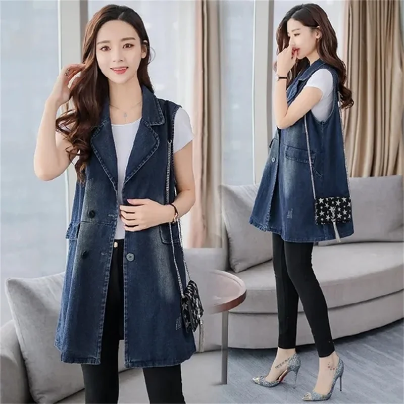 

2024 Spring Autumn New New Products Korean Version Women Vest Double-Breasted Denim Vest Jacket Lady Mid-Length Fashion Cardigan