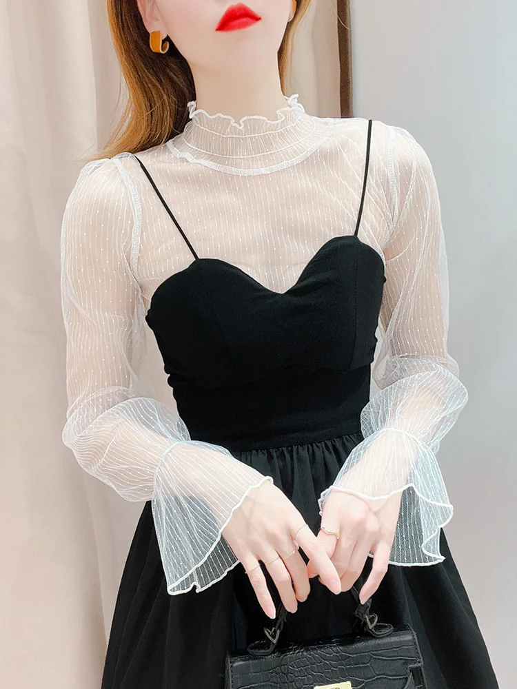 Top de Rede Transparente Sexy com Gola Alta para Mulheres, Moda de Outono e Inverno