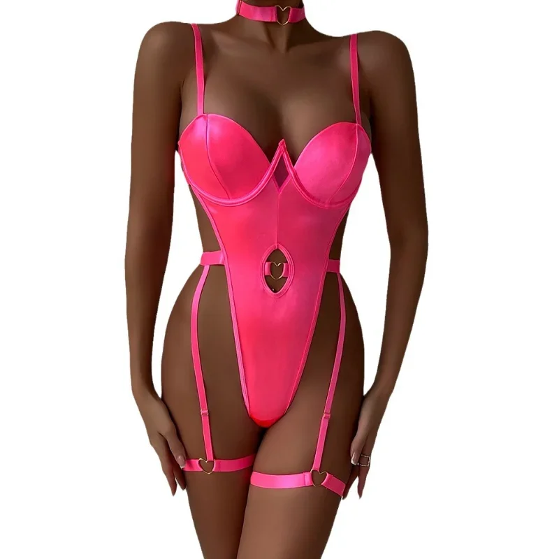 المرأة مثير ارتداءها g-سلسلة الرباط حزام الجوف الحب الصلب حلقة جمع ضيق تشكيل بذلة مشد أعلى مع قلادة #2