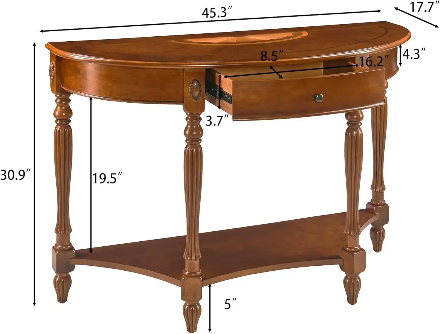 Solid Wood Semi-Circle Console Table with Drawer and Shelf, 45.3