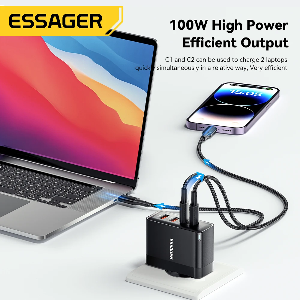 Essager 100 واط USB نوع C شاحن 65 واط PD شحن سريع 4.0 3.0 نوع-C شحن سريع آيفون 16 15 14 13 برو شاومي ماك بوك المحمول