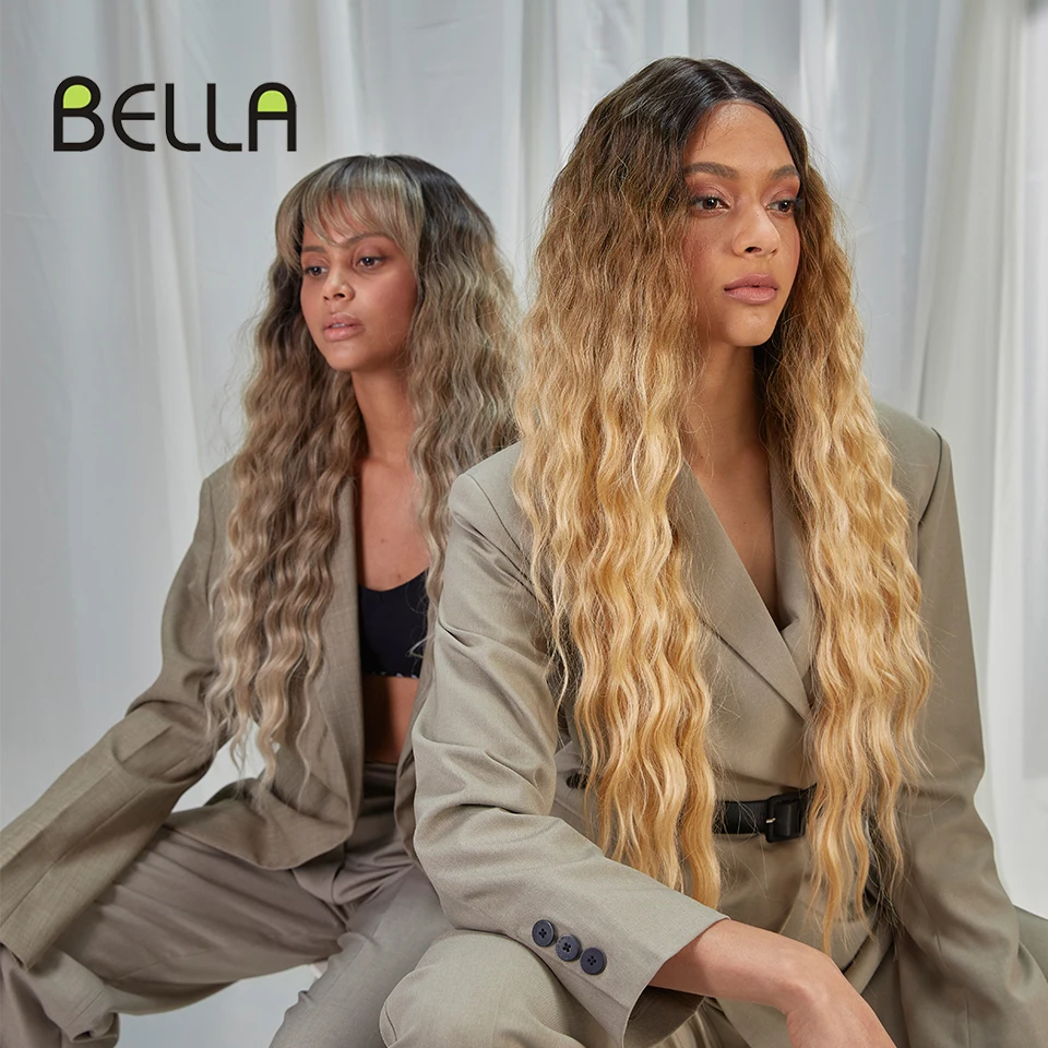 Bella Synthetic Lace T-Part Wig Deep Wave Curly Lace Wig 30 Inch Long Hair Ombre Color Cosplay Wigs Fro Women