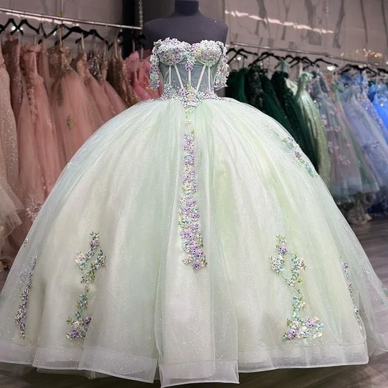 فساتين ANGELSBRIDEP باللون الأخضر النعناعي Quinceanera ثلاثية الأبعاد مزينة بالزهور فيستدوس دي 15 أنوس لحفلات أعياد الميلاد مشد مخصص