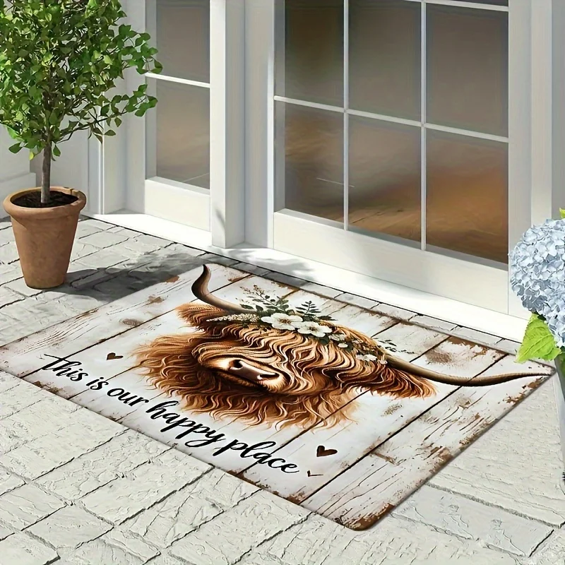1pc Charming Floral Highland Cow Door Mat - Vintage Wood Grain Design, Non-Slip & Machine Washable, Soft Polyester Fabric for