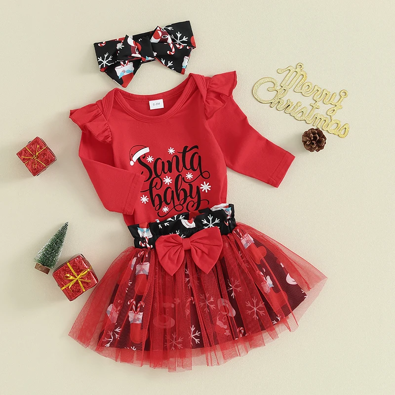 

Baby Girls Christmas Clothes Letter Print Long Sleeves Romper and Skirt Cute Headband Fall Outfit