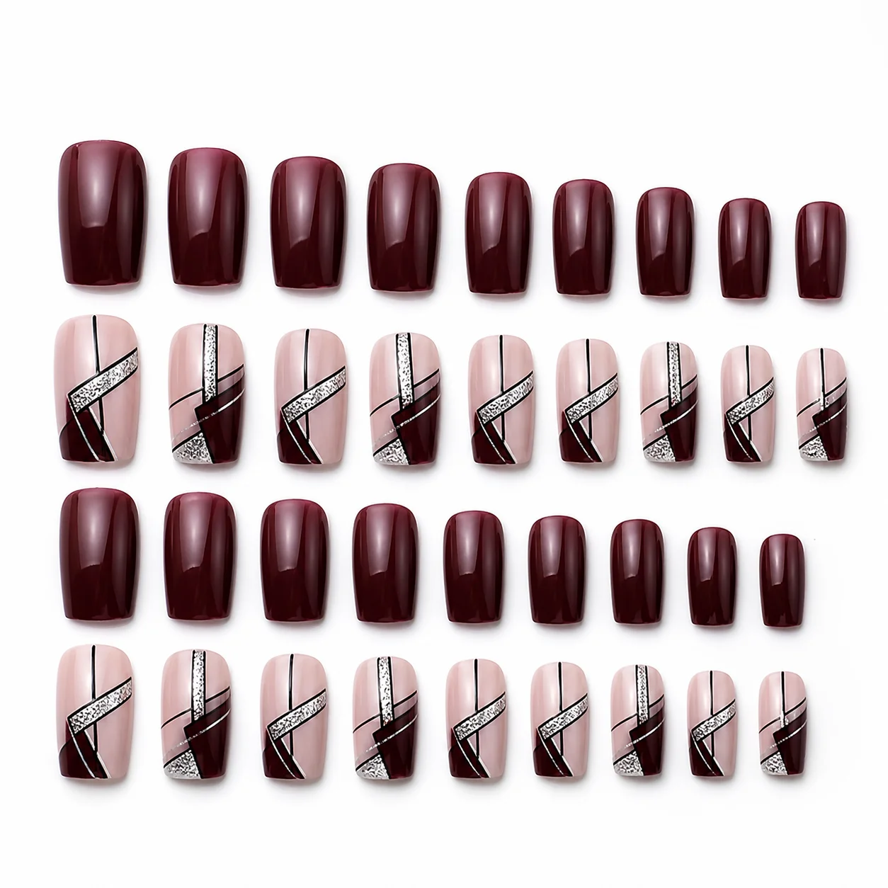 48 Pcs Medium Rectangular Press-On Nails, European & American Style 3-Tone False Nails, Easy to Remove Fake Nails for Women