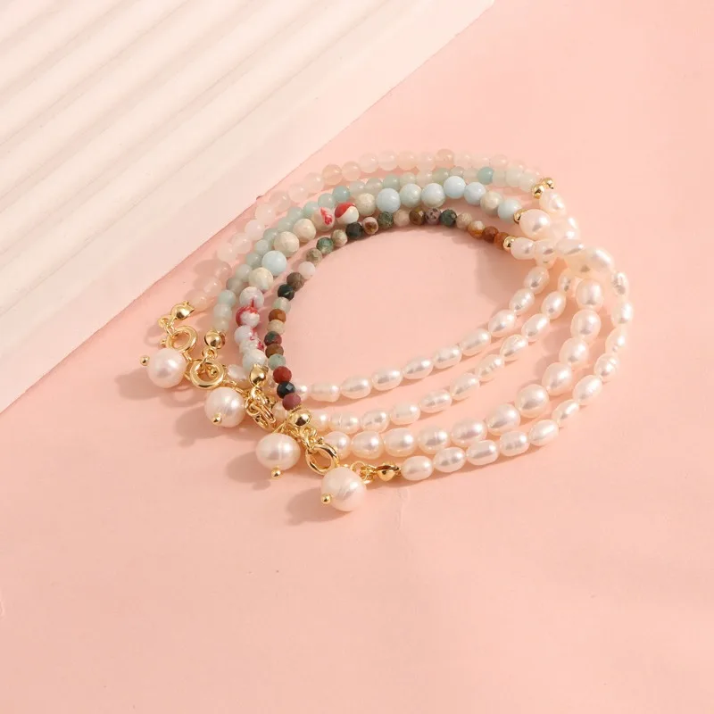 

Minar High Quality Multicolor Natural Stone Crystal Freshwater Pearl Asymmetric Chain Beaded Strand Bracelets for Women Femme