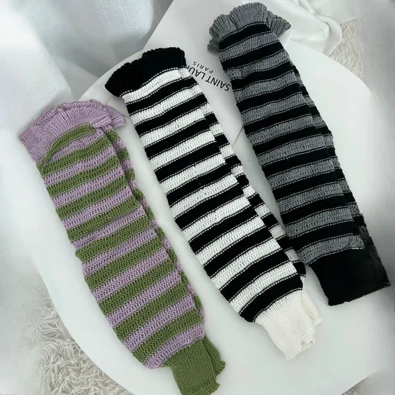Vintage Knitted Leg Warmers Colorful Striped Hollow Stocking Coverings Y2k Sweet Medium Tube Socks Women's Japanese Boot Cuff