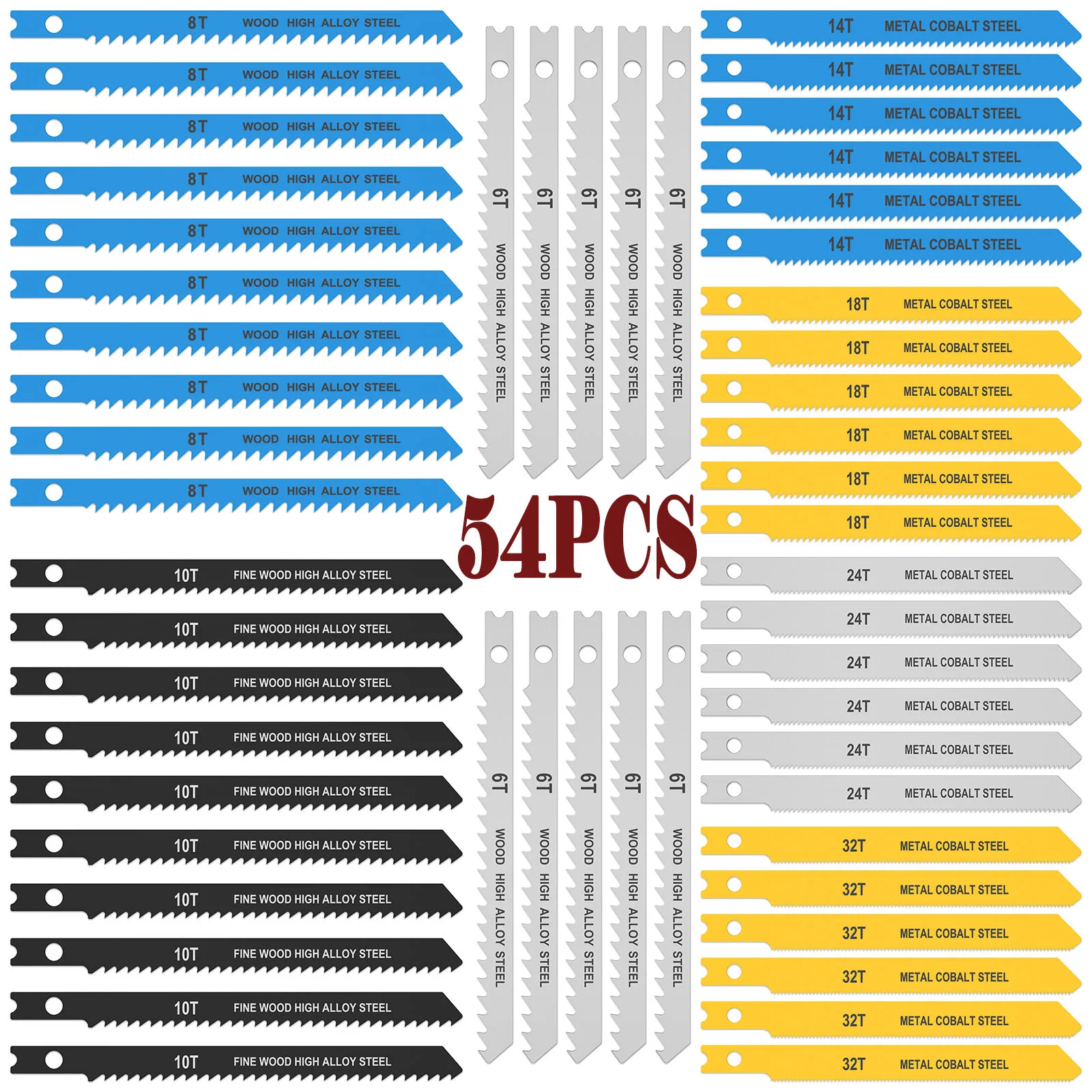 Jig Saw Blade Set 14/30/54Pcs Carbon Steel Assorted Saw Blades with U-shank Sharp Fast Cut Down Jigsaw Blade Woodworking Tool