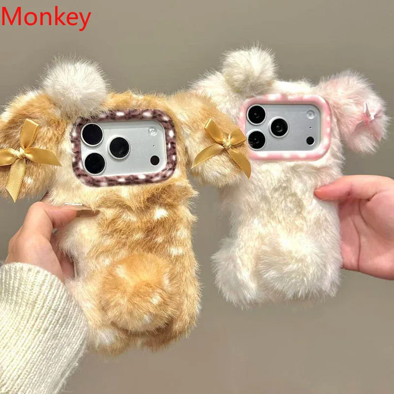 

Fluffy Fur Bow 3D Deer Pattern Brown Vitality Phone Case For Apple iPhone 17 Pro Max 16 15 14 Plus 13 Soft Creative Design Cover