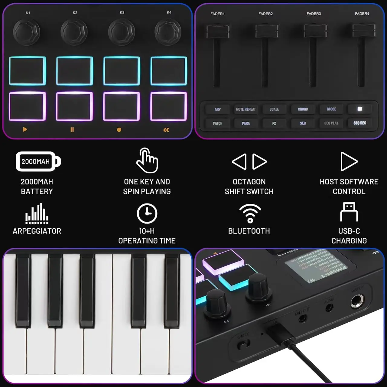 لوحة مفاتيح M-VAVE SMK-37 PRO MIDI مع وسادات RGB و8 مقابض وبلوتوث لاسلكية | مفاتيح حساسة للسرعة، محرك سينث/إنتاج الموسيقى #3
