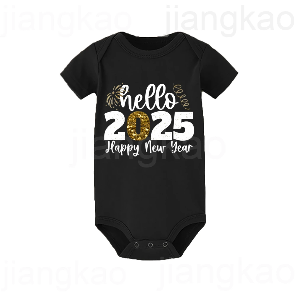 Hello 2025 Happy New Year Print Baby Bodysuit New Year Party Newborn Outfit Infant Short Sleeve Jumpsuit Holiday Toddler Clothes