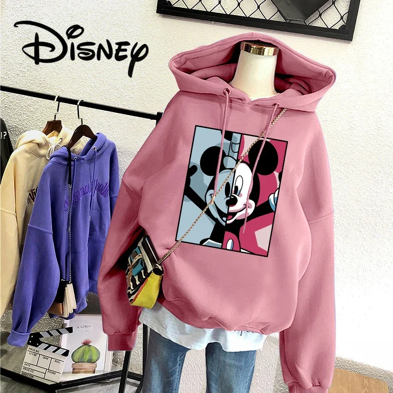 Disney Mickey Mouse Cartoon Print Hooded Sweater Women\'s Spring Autumn Long-sleeved Lazy Style Pullover Casual Ladies Sportswear