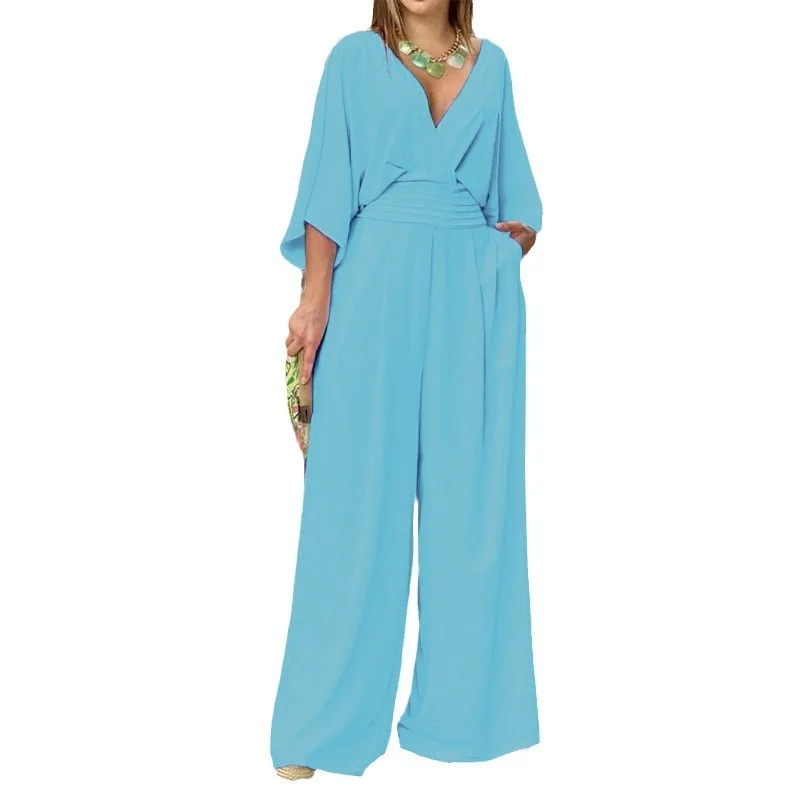 2026 Spring Women's Onesie, Wide-leg Solid Color V-neck Fashion Jumpsuit