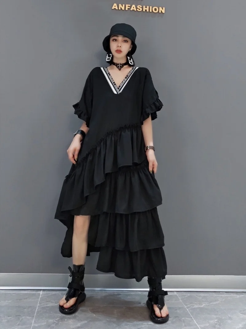 Vefadisa 2025 Summer Fashion Dress Black V-neck Loose Cake Skirt Asymmetric Personalized Trendy Girl Irregular Dress ZY748