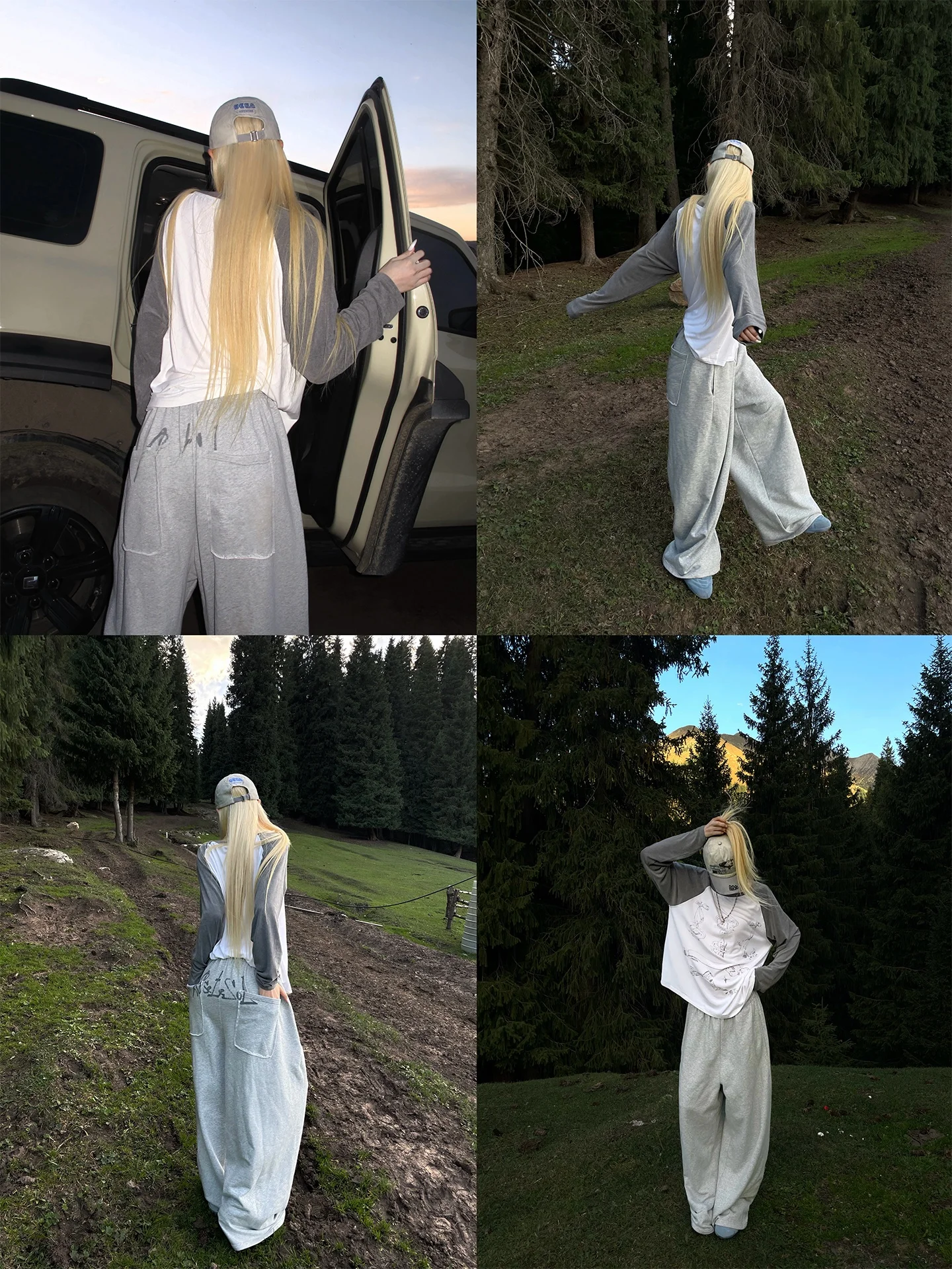 Rase Le Sol Woodland Stroll Loose Wide Leg Sweatpants Light Floral Grey Print Comfortable Cotton Casual Pants for Women