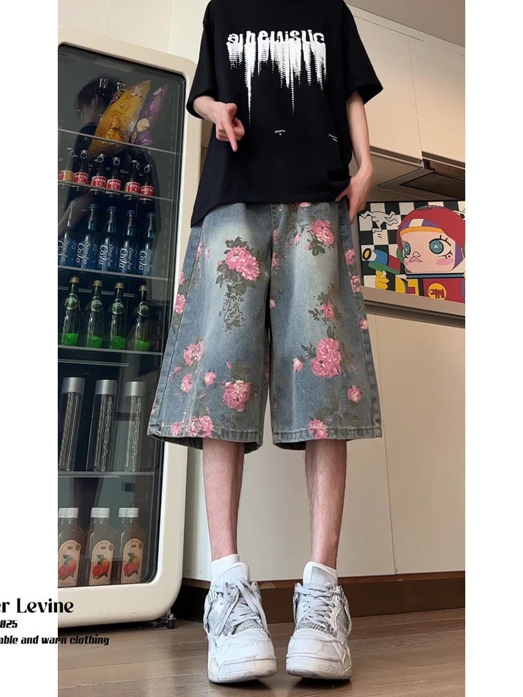 

Мужские летние тонкие прямые джинсы с цветочным принтом Cleanfit, капри, повседневные джинсы свободного покроя в американском стиле High Street Sle