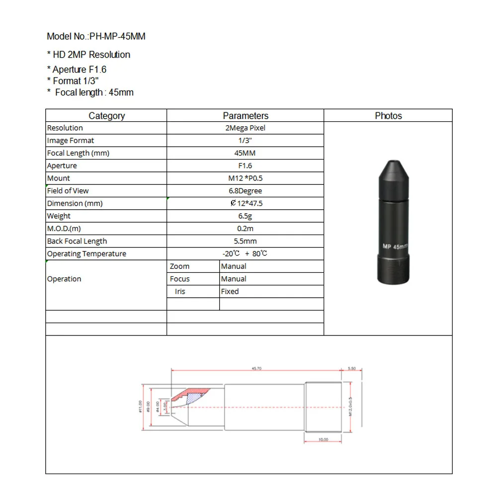 Witrue M12 pinhole CCTV Lens  45MM M12*0.5 Mount  F1.6  6.8 degree for Security CCTV Cameras