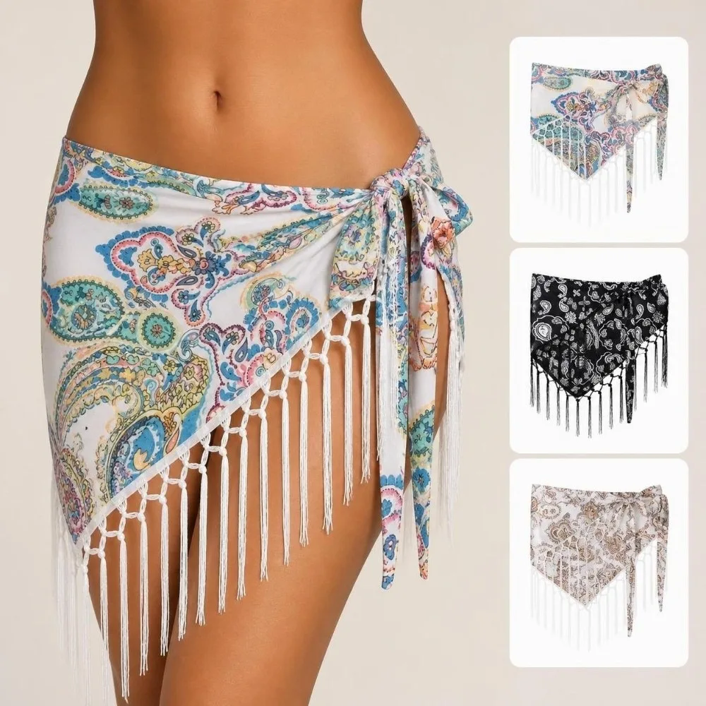 Vintage Paisley Print Hip Scarf Self-tie Floral Bandana Style Triangle Cover Up Tassel Fringe Waist Wrap Y2K Style