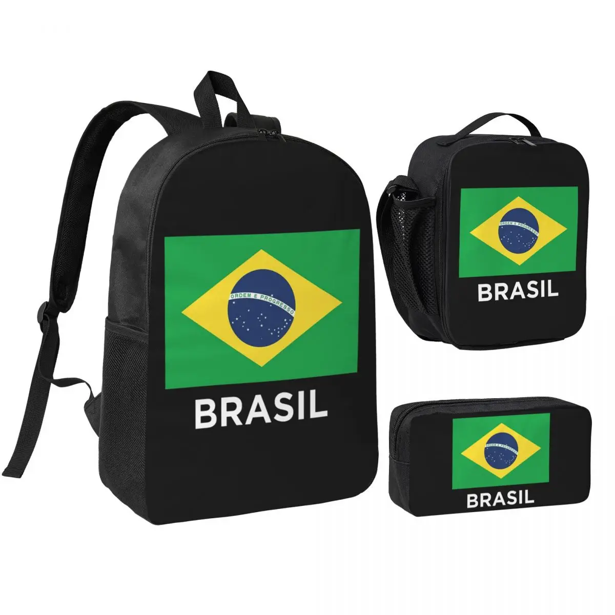 Brazil Soccer Team Football Brazilian Flag Backpack Student BookBag School Bag Shoulder Bags 3ps Insulated Lunch Bag Pencil Case