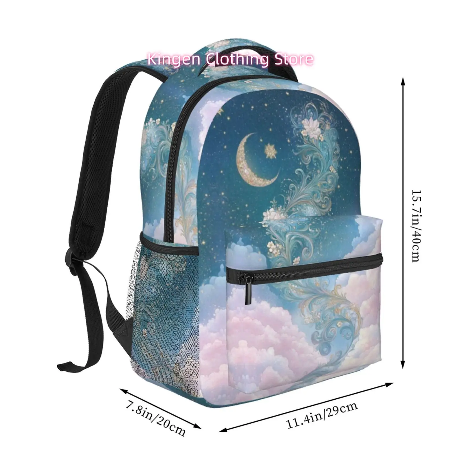 Teal Crescent Moon Swirl Floral Pink Cloud Starry Dreamy Magical Print Backpack, Oxford Cloth Adjustable Strap Casual Daypack, f