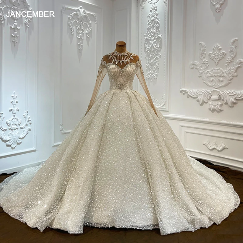 

Jancember wholesale Superfine Wedding Gown For Bride 2024 Organza O-Neck Illusion Sequins Beading Vestido De Novia LSCJ07