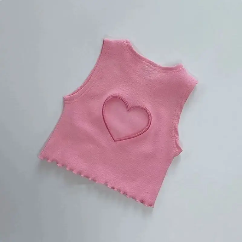 Korea Summer Kids Clothes  Baby Girls Vest Cute Hollow Heart Pink Blue Vest Toddler Fashion Cropped Top Y2k Tee Tops 80-130cm