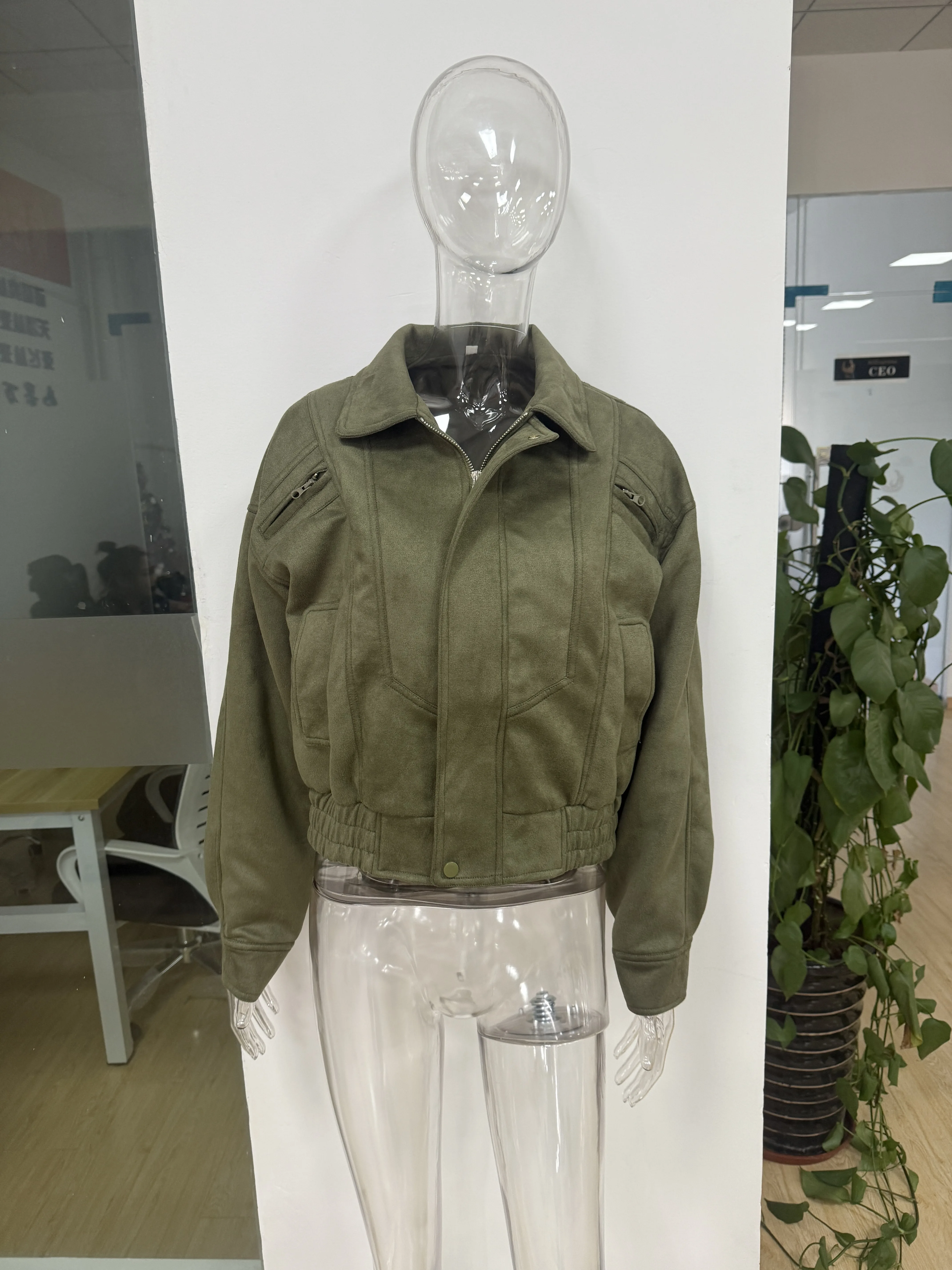Vintage-Jacke aus massivem Kunstwildleder mit Reißverschluss für Damen, modisch, elastische Taille, Taschen, Reverskragen, locker geschnittener Mantel, Damen-Alltags-Street-Outfit. – Detail 18