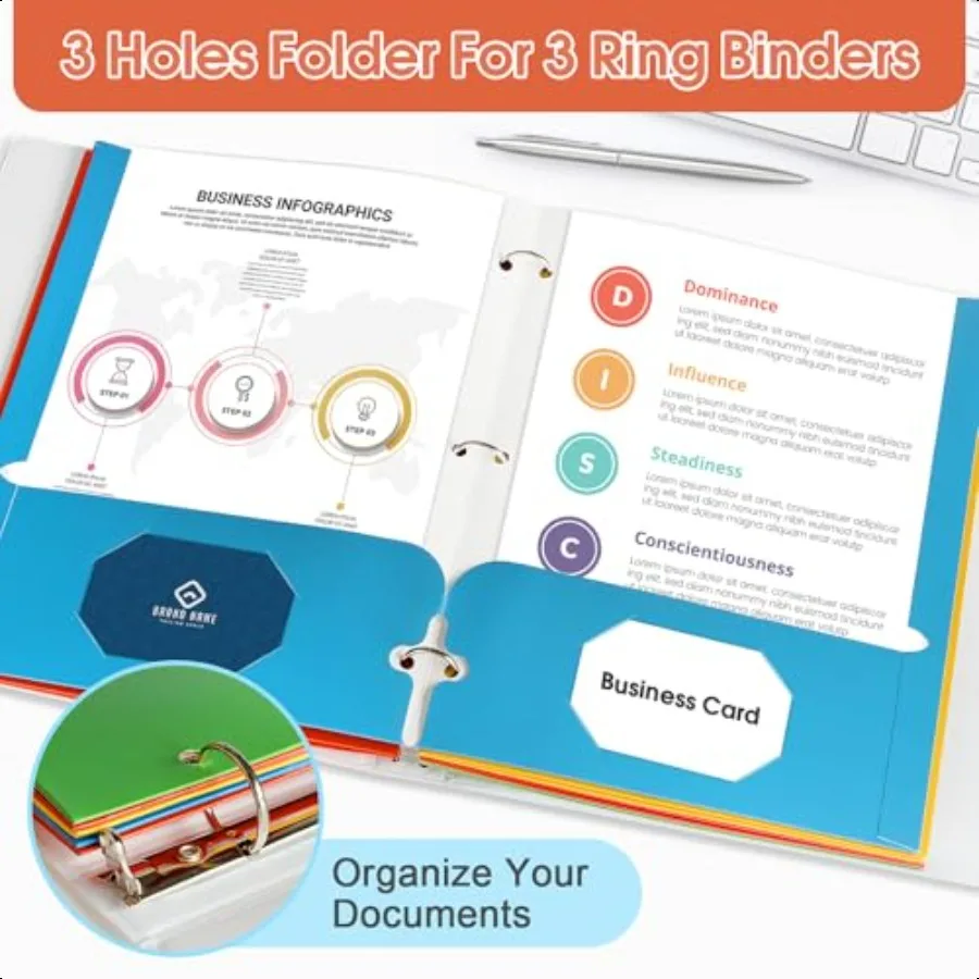 مجلدات مع جيوب 2 مجلدات جيب السائبة 120 حزمة ألوان متنوعة 3 فتحات مثقوبة مع فتحة بطاقة Busin حجم الرسالة ملف ورقي