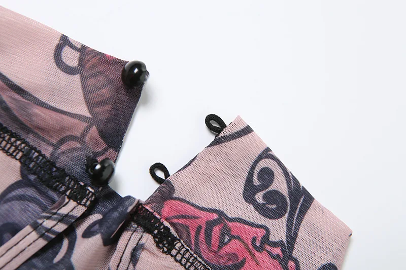 Prachtige Print Backless Speelpakjes Vrouwen 2023 Zomer Sexy Mesh O-hals Korte Mouw Ruches Perzik Heupen Slanke Rompertjes Club Overalls