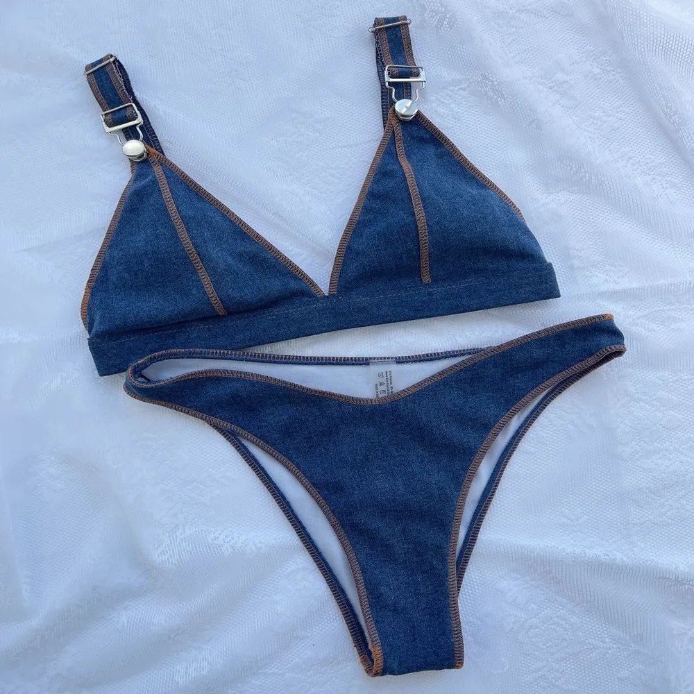 Sexy Denim Blue Solid Bikini Swimwear For Women LG115 High Waist Push Up Beachwear 2 Pieces Tankini Swimsuits Women Biquinis Set